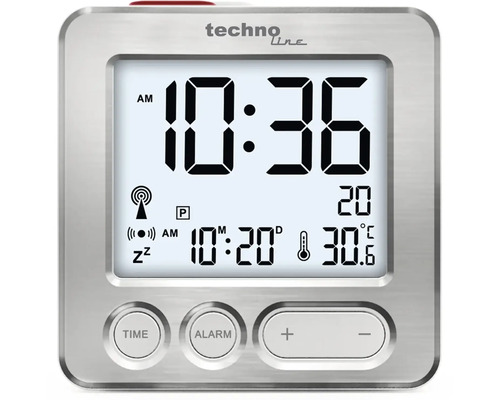 Funkwecker silber 6,6x6,6x2,1 cm Digitaler Wecker mit Anzeige von Uhrzeit, Datum und Temperatur