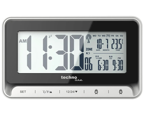 Funkwecker silber 14,3x8,4x4 cm Techno Line Digitalwecker mit Anzeige von Uhrzeit, Datum und Temperatur