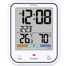 Techno Line Logo. Digitales Thermo-Hygrometer mit Anzeige von Uhrzeit, Datum, Temperatur und Luftfeuchtigkeit.