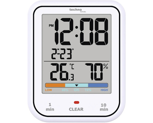 Quarzwecker Timer weiß 9,1x11,3x2,5 cm Techno Line Logo. Digitales Thermo-Hygrometer mit Anzeige von Uhrzeit, Datum, Temperatur und Luftfeuchtigkeit.