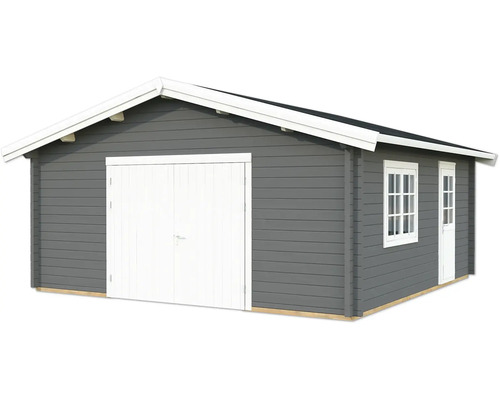 Einzelgarage Palmako Roger 27,7 m² mit Holztor 622 x 596 cm dunkelgrau-weiß Graues Gartenhaus mit Doppeltür und Fenster
