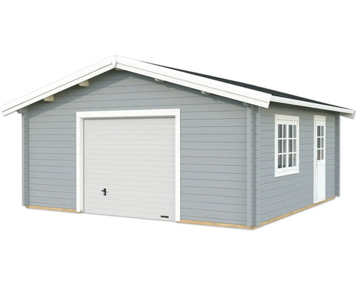 Einzelgarage Palmako Roger 27,7 m² mit Sektionaltor 622 x 596 cm hellgrau-weiß Holzgarage mit Garagentor und Seitentür