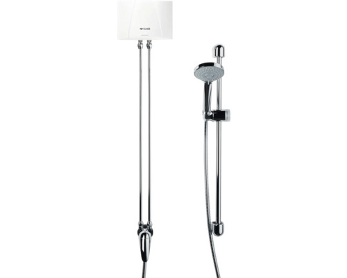 Klein-Durchlauferhitzer CLAGE MBX 6 Shower elektronisch 5,7 kW mit Brausegarnitur Clage Logo Durchlauferhitzer mit Duschstange und Brausekopf