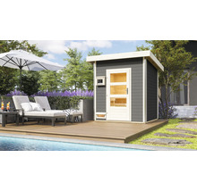 Saunahaus Karibu Opal 2 inkl.9 kW Bio Ofen u.ext.Steuerung mit Holztüre und Klarglas terragrau/weiß