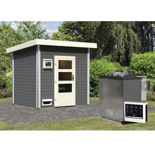 Saunahaus Karibu Opal 4 inkl.9kW Bio Ofen u.ext.Steuerung mit Holztüre und Isolierglas wärmegedämmt terragrau/weiß