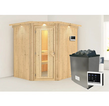 Elementsauna Karibu Petalit inkl. 9 kW Ofen u.ext.Steuerung mit Dachkranz und Holztüre mit Isolierglas wärmegedämmt
