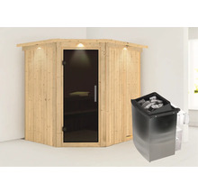 Ecksauna aus Holz mit Glastür und Saunaofen