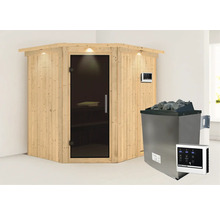 Elementsauna Karibu Petalit inkl. 9 kW Ofen u.ext.Steuerung mit Dachkranz und graphitfarbeneer Ganzglastüre