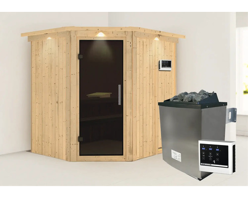 Elementsauna Karibu Petalit inkl. 9 kW Ofen u.ext.Steuerung mit Dachkranz und graphitfarbiger Ganzglastüre Elementsauna Karibu Petalit inkl. 9 kW Ofen u.ext.Steuerung mit Dachkranz und graphitfarbiger Ganzglastüre