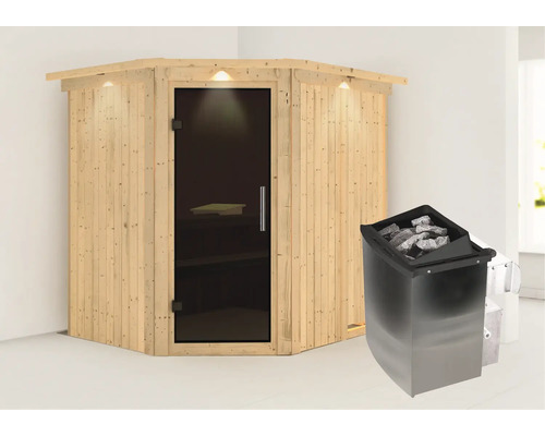 Elementsauna Karibu Petalit inkl. 9 kW Ofen u.integr.Steuerung mit Dachkranz und bronzierter Ganzglastüre Elementsauna Karibu Petalit inkl. 9 kW Ofen u.integr.Steuerung mit Dachkranz und bronzierter Ganzglastüre