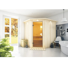 Elementsauna Karibu Petalit ohne Ofen mit Dachkranz und bronzierter Ganzglastüre