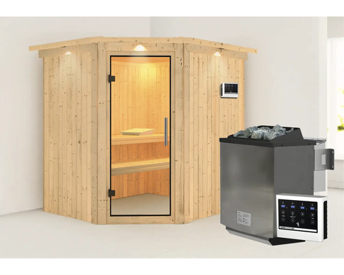 Elementsauna Karibu Siirina inkl. 9 kW Bio Ofen u.ext.Steuerung mit Dachkranz und Ganzglastüre aus Klarglas