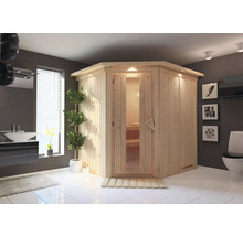 Elementsauna Karibu Petalit ohne Ofen mit Dachkranz und Holztüre mit Isolierglas wärmegedämmt