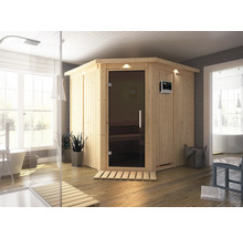 Elementsauna Karibu Piemon inkl. 9 kW Bio Ofen u.ext.Steuerung mit Dachkranz und graphitfarbeneer Ganzglastüre