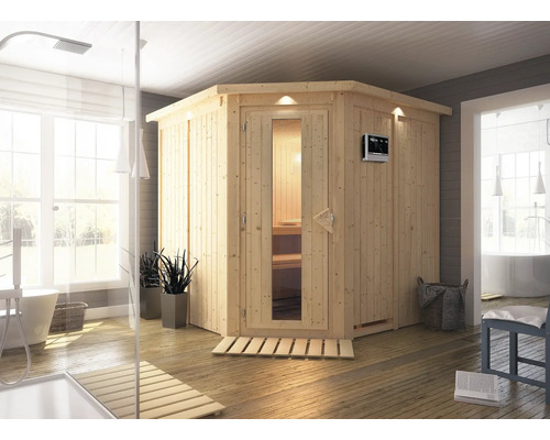 Elementsauna Karibu Piemon inkl. 9 kW Ofen u.ext.Steuerung mit Dachkranz und Holztüre mit Isolierglas wärmegedämmt