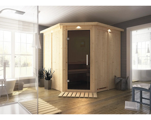 Elementsauna Karibu Piemon ohne Ofen mit Dachkranz und graphitfarbiger Ganzglastüre Elementsauna Karibu Piemon ohne Ofen mit Dachkranz und graphitfarbiger Ganzglastüre