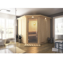 Elementsauna Karibu Piemon ohne Ofen mit Dachkranz und Ganzglastüre aus Klarglas