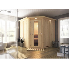 Elementsauna Karibu Piemon ohne Ofen mit Dachkranz und Holztüre mit Isolierglas wärmegedämmt