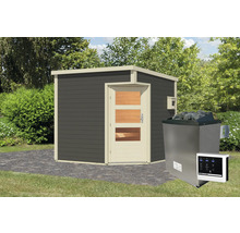 Saunahaus Karibu Pelles inkl.9 kW Ofen u.ext.Steuerung ohne Vorraum mit Holztüre und Isolierglas wärmegedämmt terragrau