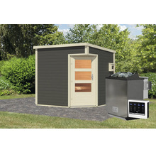Saunahaus Karibu Pelles inkl.9 kW Bio Ofen u.ext.Steuerung ohne Vorraum mit Holztüre und Isolierglas wärmegedämmt terragrau