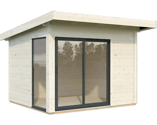Gartenhaus aus Holz mit Glasschiebetür