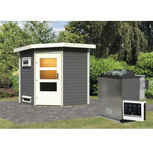 Saunahaus Karibu Rubin 1 inkl.9kW Bio Ofen u.ext.Steuerung mit Holztüre und Klarglas terragrau/weiß