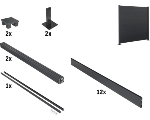 Bestandteile für einen Sichtschutz im Garten: Pfostenfüße, Pfosten, Rahmenprofile und Füllprofile