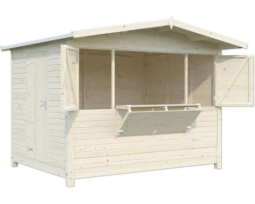 Verkaufsstand aus Holz mit Klappfenster und Tür