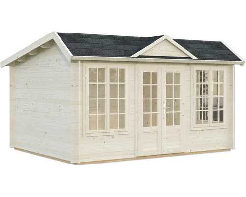 Gartenhaus aus Holz mit Fenstern und Doppeltür