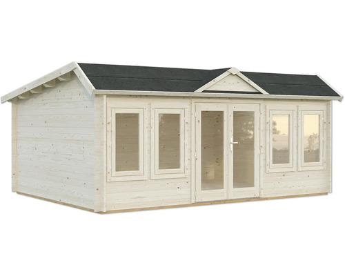 Gartenhaus aus Holz mit Fenstern und Doppeltür