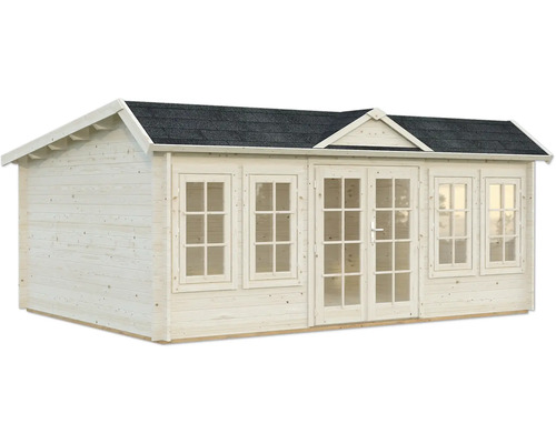 Gartenhaus aus Holz mit Fenstern und Doppeltür