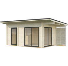 Modernes Gartenhaus aus Holz mit Tür, Schiebefenster und Lamellenwand