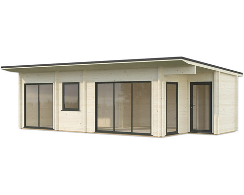 Holzgartenhaus mit großen Fenstern und Schiebetüren