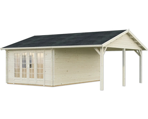 Holzgartenhaus mit überdachtem Anbau