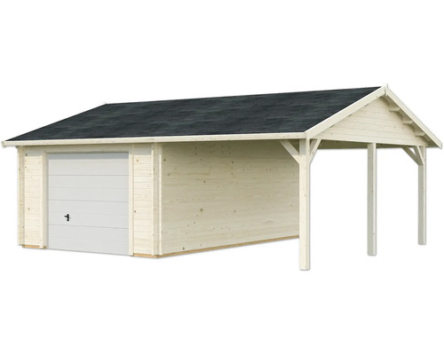 Einzelgarage Palmako Roger 19,0+16,2m² mit Sektionaltor 703 x 619 cm natur Holzgarage mit Carport und Garagentor