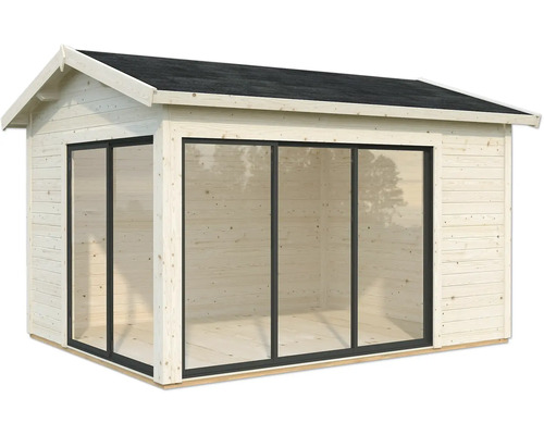 Holzgartenhaus mit Glasfront und Satteldach