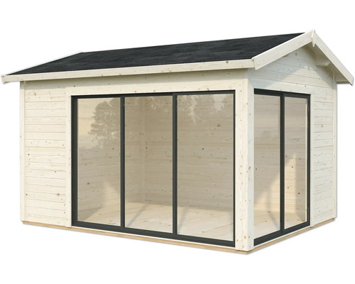 Gartenhaus mit Holzstruktur und Glasschiebetüren