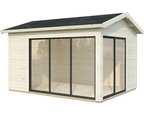 Gartenhaus mit Holzstruktur und Glasfront