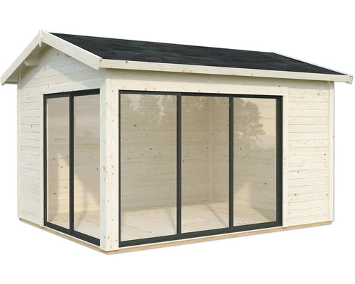 Gartenhaus mit großen Fenstern und Satteldach