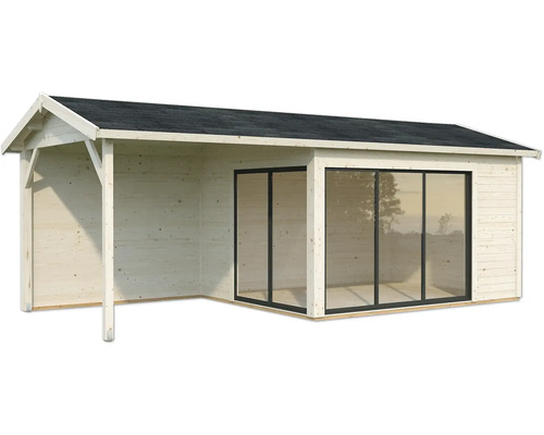 Holzgartenhaus mit Überdachung und Glasschiebetüren