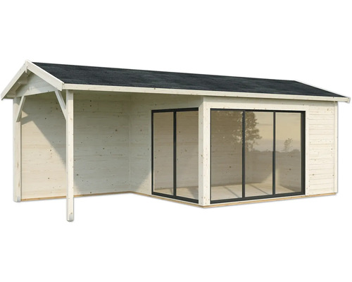 Holzgartenhaus mit Überdachung und Schiebetüren