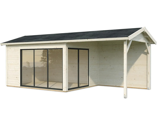 Gartenhaus mit großem Fenster und Überdachung aus Holz