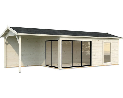 Holzgartenhaus mit überdachter Veranda und Glasschiebetüren