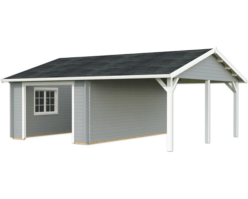 Einzelgarage Palmako Roger 19,0+16,2 m² ohne Tor 706 x 619 cm hellgrau-weiß Holzgarage mit Anbau und Fenster