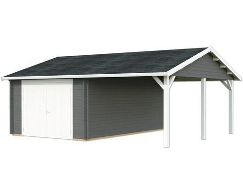 Einzelgarage Palmako Roger 19,0+16,2m² mit Holztor 703 x 619 cm dunkelgrau-weiß Holzgarage mit Carport und Doppeltür
