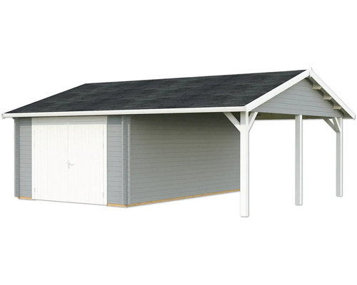 Einzelgarage Palmako Roger 19,0+16,2m² mit Holztor 703 x 619 cm hellgrau-weiß Gartenhaus aus Holz mit Doppeltür und Anbau