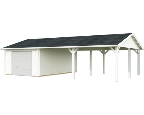 Einzelgarage Palmako Roger 19,0+33,2 m² mit Sektionaltor 1006 x 619 cm weiß Garage aus Holz mit angebautem Carport