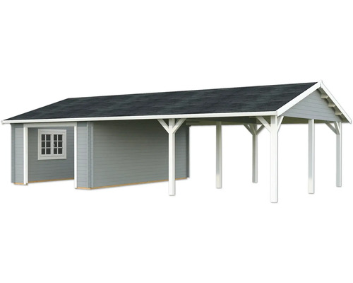 Einzelgarage Palmako Roger 19,0+33,2 m² ohne Tor 1006 x 619 cm hellgrau-weiß Gartenhaus mit Carport aus Holz