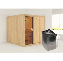 Elementsauna Karibu Rodina inkl. 9 kW Ofen u.integr.Steuerung ohne Dachkranz mit bronzierter Ganzglastüre