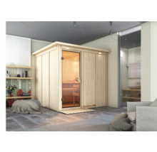 Elementsauna Karibu Rodina ohne Ofen und mit Dachkranz und bronzierter Ganzglastüre